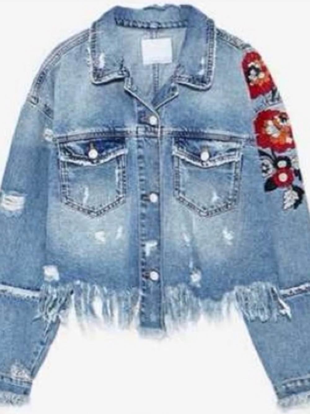 Zara Denim Distressed Cropped Jacket with Floral Embroidery -S/M